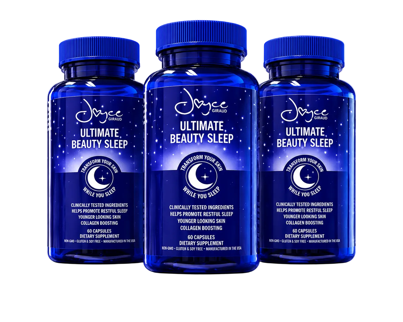 Beauty sleep supplement with melatonin and collagen-boosting ingredients on nightstand