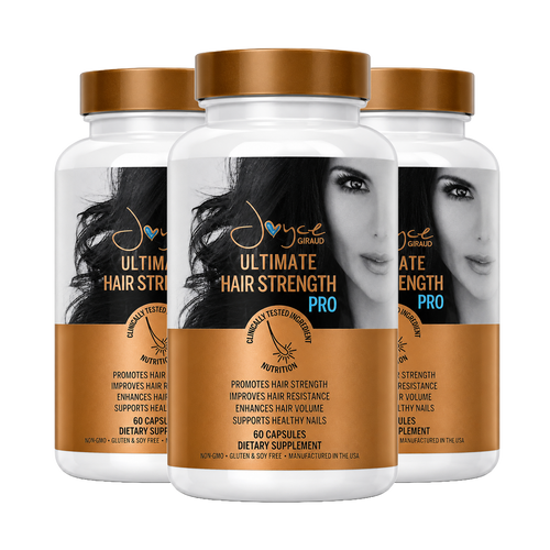3 bottles of Ultimate Hair Strength PRO supplement bottle by Joyce Giraud, 60 capsules