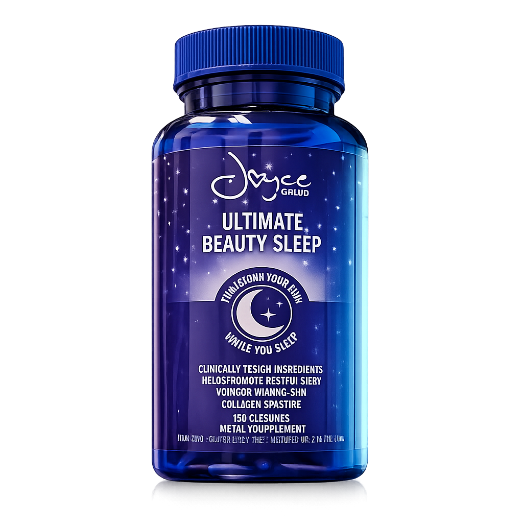 Beauty sleep supplement with melatonin and collagen-boosting ingredients on nightstand.