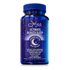 Beauty sleep supplement with melatonin and collagen-boosting ingredients on nightstand.