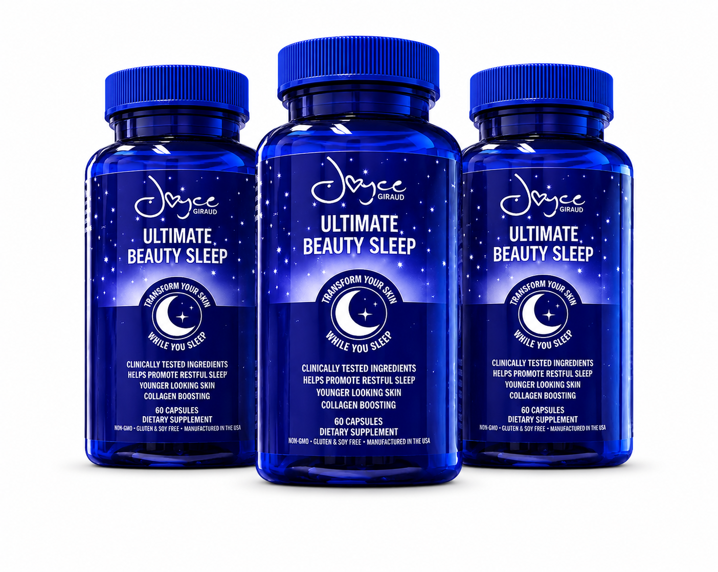 Beauty sleep supplement with melatonin and collagen-boosting ingredients on nightstand