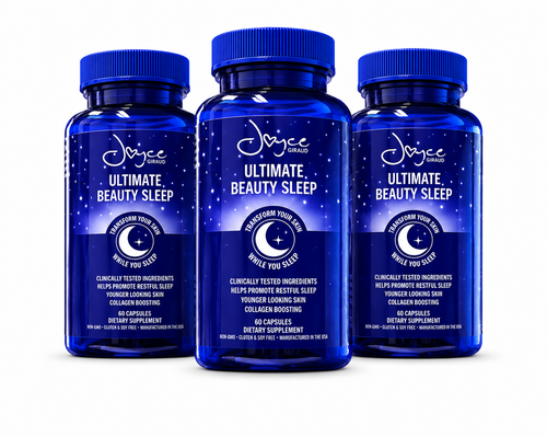 Beauty sleep supplement with melatonin and collagen-boosting ingredients on nightstand