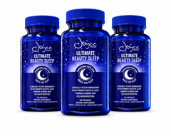 Beauty sleep supplement with melatonin and collagen-boosting ingredients on nightstand