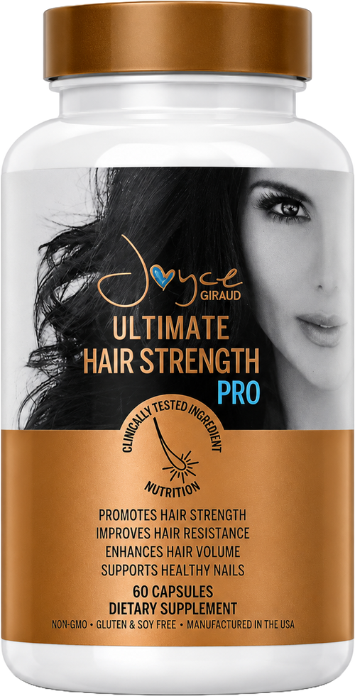 Ultimate Hair Strength PRO supplement bottle by Joyce Giraud, 60 capsules